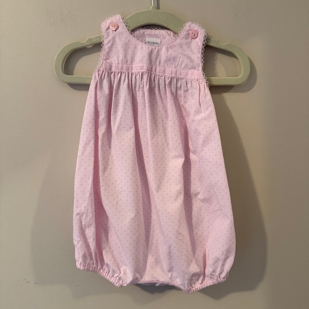 Petit Bateau Pink Polka Dot Cotton Bubble Romper Baby Girl Size 3M Lace Trim